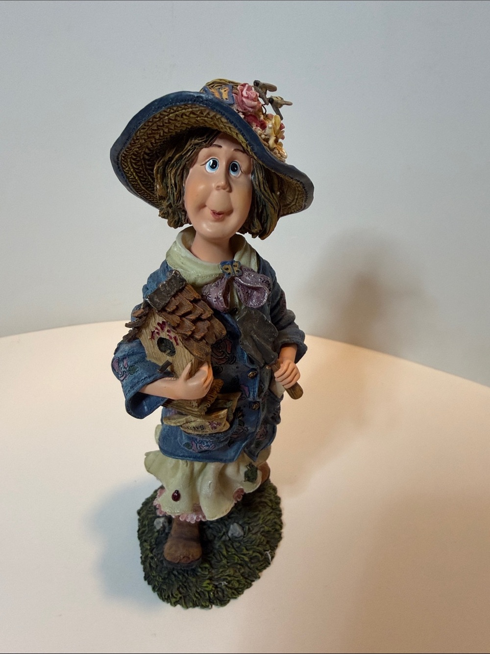 Blue Garden Figurine Woman with Birdhouse - Decorative Home Art